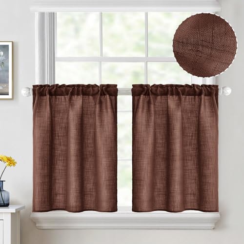 MIULEE Cafe Curtains 24 Inch Length Half Window Curtain Farmhouse Short Linen Semi Sheer Curtains for Kitchen Bathroom Basement Small Window, Rod Pocket Tier Curtains 2 Panels W26XL24, Chocolate Brown