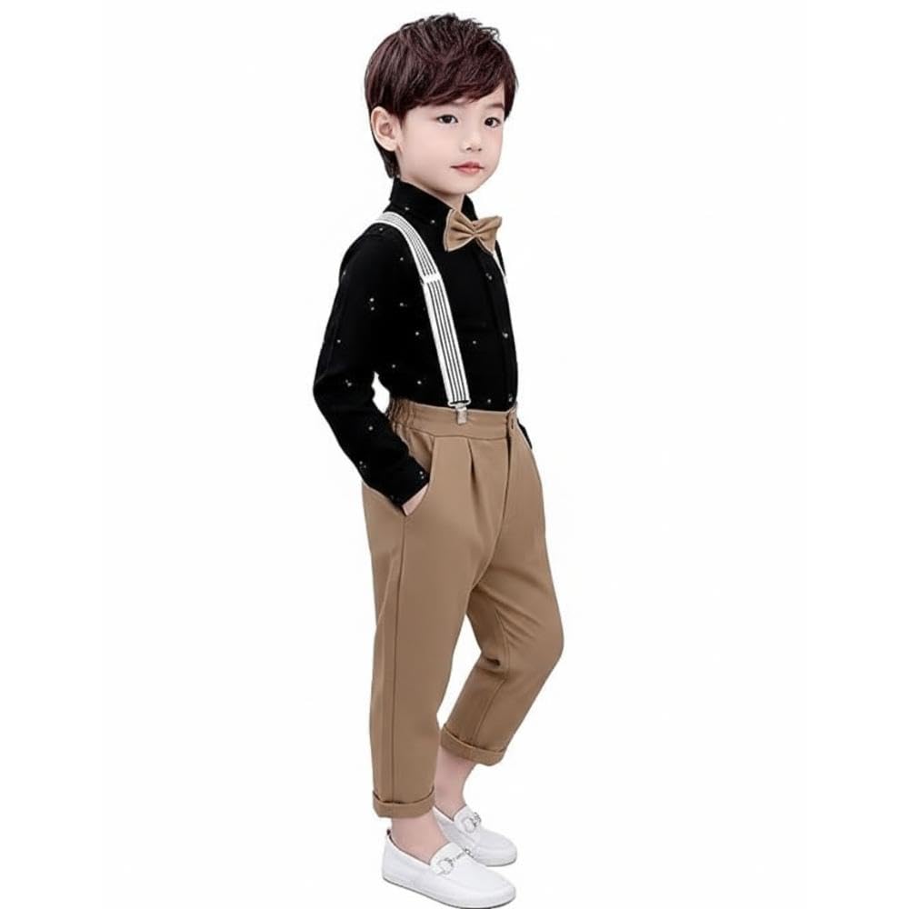 ROYALICA Kinderkleidung für Jungen, Baumwollmischgewebe, einfarbig, langärmelig, Hemd und Hose, Set mit Strapsen und Fliege, Bekleidungsset für Jungen.