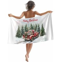 Beach Towel 30x60in,Sand Free Quick Dry Large Bath Towels,Merry Christmas Red Farm Truck Gift Oversized Absorbent Beach Blanket for Pool Swimming Camping Picnic,Pine Tree Forest Snowy Scene