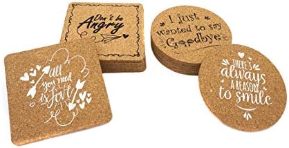 100% Natural Cork Coasters for Drinks Set of 12 - Large Drink Coasters with Cute Quotes | Heat Resistant & Super Absorbent for Stone, Ceramic, Wooden Table Top Protection | Perfect Housewarming Gift