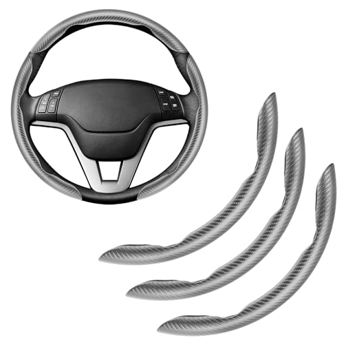 Image of Amiss 3pcs Carbon Fiber Anti-Skid Steering Wheel Cover, Waterproof & Segmented Butterfly Design, Universal 99% Vehicle Wheel Cover Protector, Car Interior Accessories (Gray-3pcs)