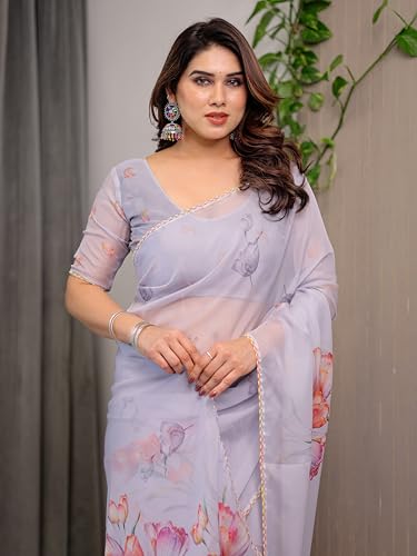Image of ALMAARI FASHIONWomen's Floral Printed Organza Saree with Unstitched Blouse Piece | Traditional Ethnic Wear Sarees | Soft Lightweight Ethnic Office Wear Daily Wear Indian Sari (ORGANZA 121-130 H)