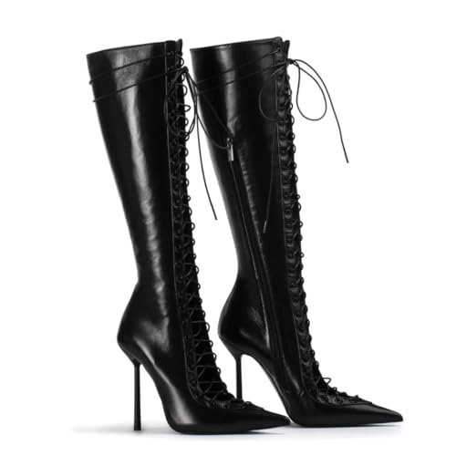 NSZPD Women's Fashion Zipper Knee High Boots Lace Up High Heel Stiletto Long Booties Pointed Toe Denim Boots Riding Tall Boots Leather