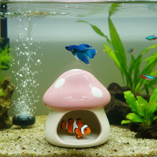 Image of AnRui Ceramic Betta Fish Tank Accessories Decor Cute Mushroom House Aquarium Decoration Hideout Cave Ornament for Small Fish, Shrimp, Goldfish and Reptiles (Pink)
