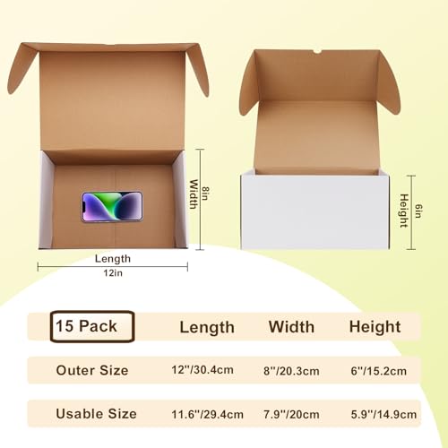 Image of WIFTREY 12x8x6 inches White Shipping Boxes set of 15, 12 x 8 x 6 Corrugated Cardboard Boxes for Packaging Small Business, Moving, Mailing
