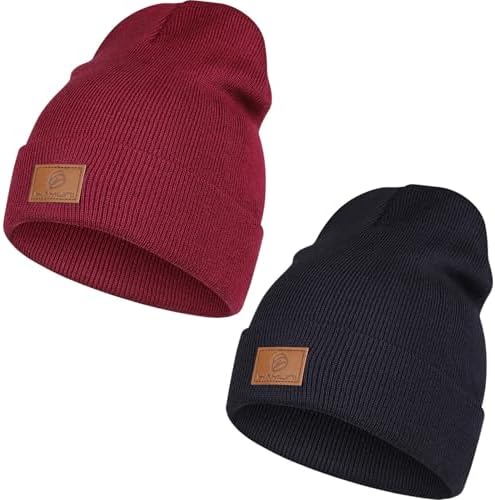 HAMUNI Beanie Mütze Herren Damen Klassische Wintermütze Acryl Beanie Hat | Leatherpatch Strickmütze Unisex Cuffed Hat Bequem Atmungsaktiv Weich Vintage Einfarbig Strick Beanies Win