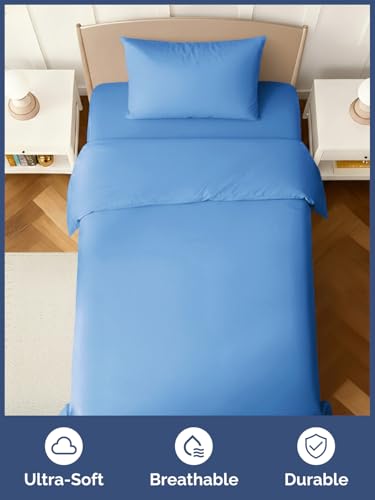 Image of Kids Twin Size Bed Sheet Set - 3 Piece Kids Loft Bed Sheets - Solid Blue Themed Bedding - Soft, Cute and Cozy - Breathable and Machine Washable - Bedding for Boys, Girls, Teens & Toddlers - Oeko-Tex