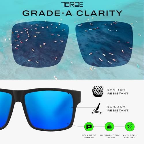 Image of TOROE TR90 Square Frame Grade A Polarized Black Emblem Sunglasses with Anti Reflective Water Repellent Polycarbonate Lenses