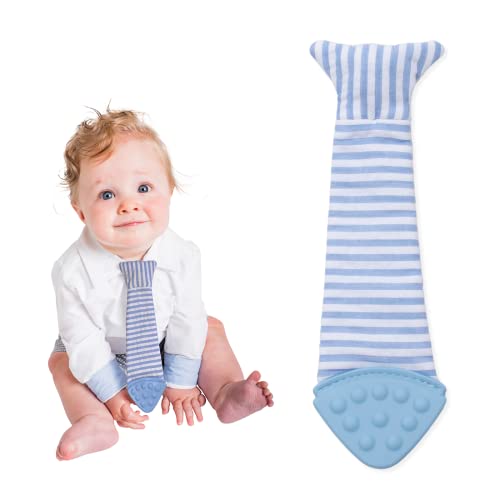 Image of Tasty Tie Teething Tie, 3-in-1 Clip-on Baby Tie Crinkle Toy & Silicone Teether for 3-6-9-12-18 Month Babies | GOTS Certified Organic Cotton | Unique Baby Boy Gift or Stocking Stuffer, Seersucker Style