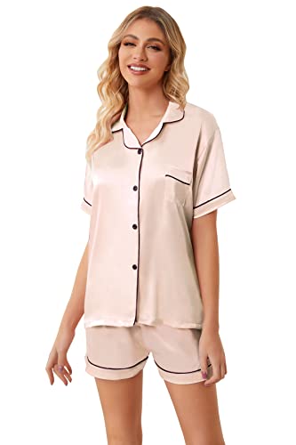 Image of Umeyda Women & Girls Pajamas Set, 2 Piece PJS Satin Silk Sleepwear Button-Down Top with Shorts for Mom Kids Gifts