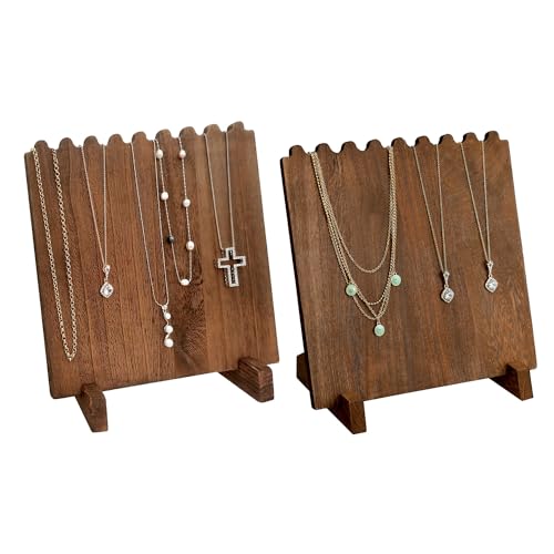 Ikee Design Set of 2 Wood Necklace Jewelry Display Stand for 8 Necklaces, Necklace Display Holder, Wood Plank Necklace Display Stand, Brown Color