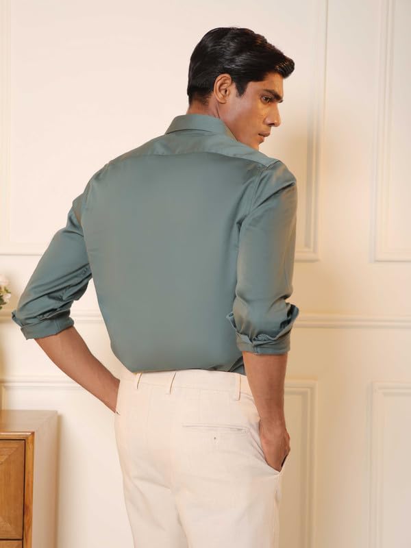 Image of SUBTRACT Men's Slim Fit Solid Spread Collar Cotton Satin Evening Shirt | Stylish Men's Wear Shirt for Office or Party