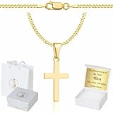 ZELYA Cadena de oro con cruz chapada en oro 925/585 de 14 quilates, cadena de eslabones para niñas y niños, cadena de comunión con cruz, cadena infantil para comunión y bautizo, caja de regalo con