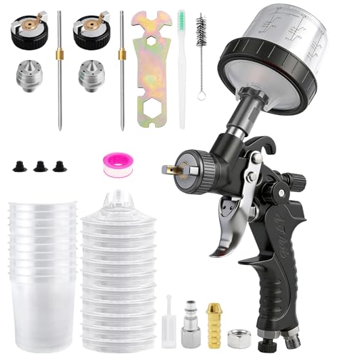 Mini HVLP Spray Gun with 0.8/1.0 mm Nozzles and 10x 200ML Disposable Paint Cups, Automotive Paint Gun Touch UP Paint Sprayer Gun, Air Paints Gun for Auto Paint, Primer, Repair Detail