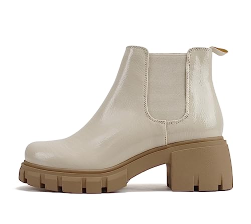 Soda PIONEER ~ Women Lug Sole Mid Heel Chelsea Fashion Ankle Bootie w/Double Elastic Gore (Bone Patent, 8)