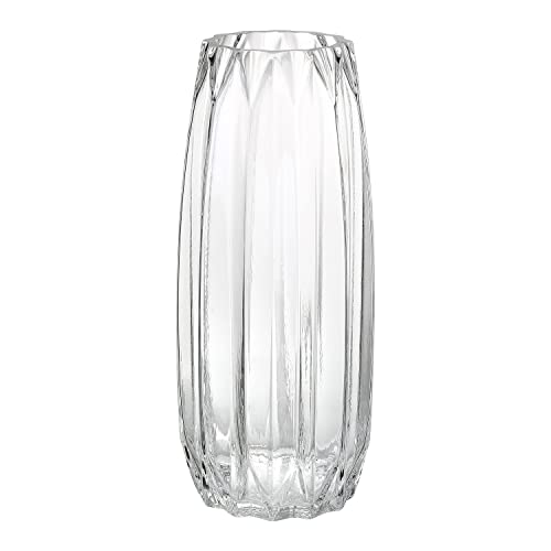 Modern Ribbed Glass Vase for Flowers, Candles and Decorative Accents - Black, Grey, Amber, Clear and Colored Tall/Short Vase for Centerpieces and Home Table Decor (Clear, H-11.8inch)