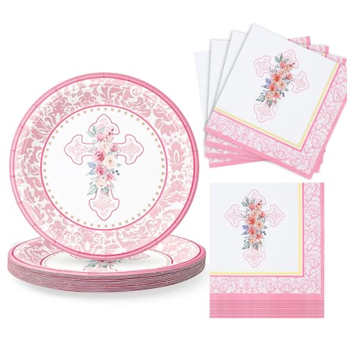 DFKPVBHB First Communion Paper Plates and Napkins Set 9 Inch Floral Cross Disposable Plates Napkins Serves 20 Baptism Decorations Christening First Holy Communion Party Table Supplies