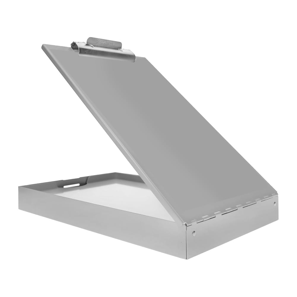 Presse-Papiers en Métal Argenté Double Couche avec Rangement, Organiseur de Papier, Loquet Autobloquant pour Format Lettre