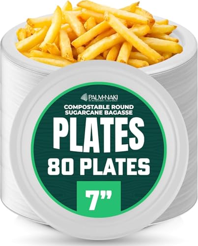 7 Heavy Duty Paper Plates | 100% Compostable & Biodegradable | Made from Sugarcane Bagasse | 7-Inch Leak-Resistant Sturdy & Disposable | Microwave & Freezer Safe | PFAS-Free | 80-Pack | Palm Naki