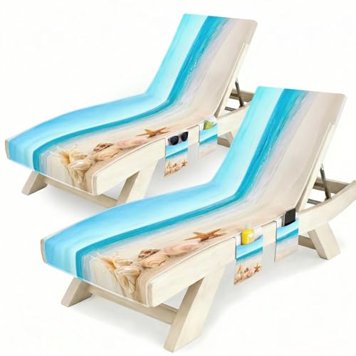 Towel Covers (pack Of 2), Beach Chair Cover With 3 Pockets For Pool Outdoor Beach Garden Patio Trips,85 X30 In (sea Shells Starfish)