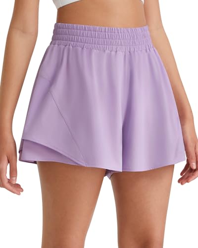 G4Free Womens Running Shorts with Pockets Flowy Elastic High Waist Casual Athletic Shorts with Built-in Liner Gym Workout (Light Purple M)