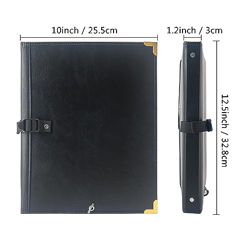IvyRobes PU Leather Sheet Music Folder, 12.5" x 10" Choir Folder with Elastic String & Hand Strap,10 Pockets Fits 8.5" x 11", A4, 9" x 12" Sheets for Piano,Choral & Music Performance Black