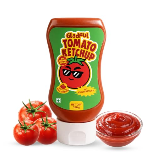 Image of Gladful Tomato Ketchup for kids | 33% Concentrated Tomato Paste | No Refined Sugar | No Preservatives | Sweetened with Kachi Khand | Kids Tomato Sauce | Sandwich, Fries & Snacks Dip | 320g