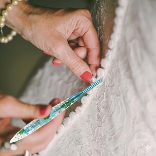 Nakpunar Button Hook Tool for Bridal Button Loops - to Fasten the Buttons on Wedding Dresses, Bridal Trains - Gentle on Lace, Satin - Seamstress Essential (Blue with Floral Resin) - 1