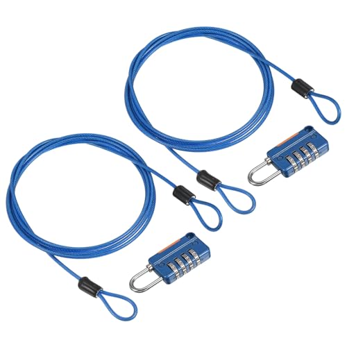 Image of PATIKIL Security Steel Cable with 4 Digit Combination Lock, 2 Set 4.9Ft Coated Safety Wire Rope Double Loop Padlock for Outdoor Travel Luggage, Blue