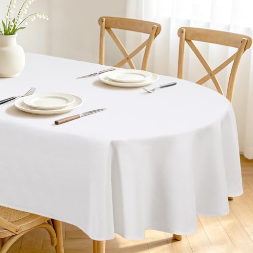 Hiasan White Oval Tablecloth 60 x 120 Inch Faux Linen Farmhouse Tablecloth
