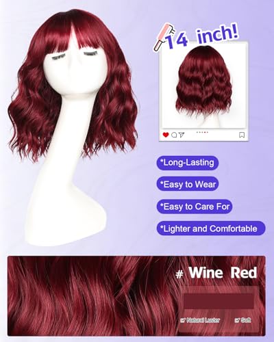 ALIISPARK Short Wavy Wig with Bangs Wine Red Color Wigs Bob Wig with Bangs Shoulder Length Wave Wigs for Women Synthetic Wig Loose Wavy Wig Colorful Wigs Party Wigs (Wine Red) — view 3