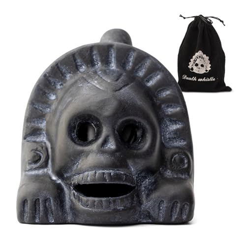 Authentic Aztec Death Whistle - Handcrafted Clay Skull with Ear-Piercing Scream Sound for Horror Films, Halloween Pranks & Spiritual Rituals (Vintage Black)