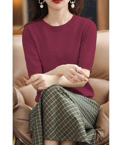 Womens Short Sleeve Sweaters Tops Crew Neck Cotton Pullover Shirt Lightweight Knit Blouse3