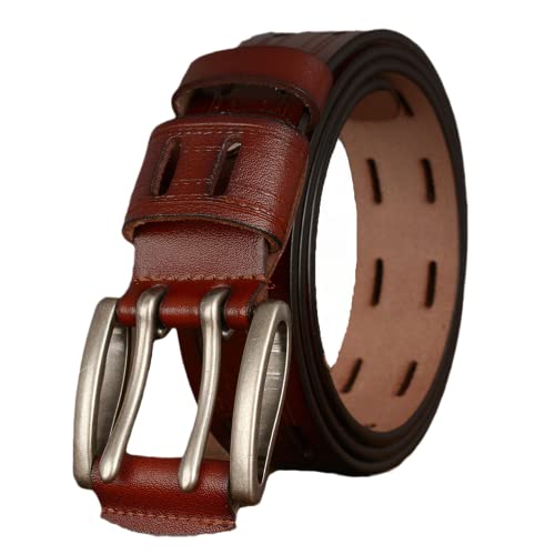 Men's Double Prong Leather Belt - 38mm Stitched Strap With Rectangular Holes For Work Casual2