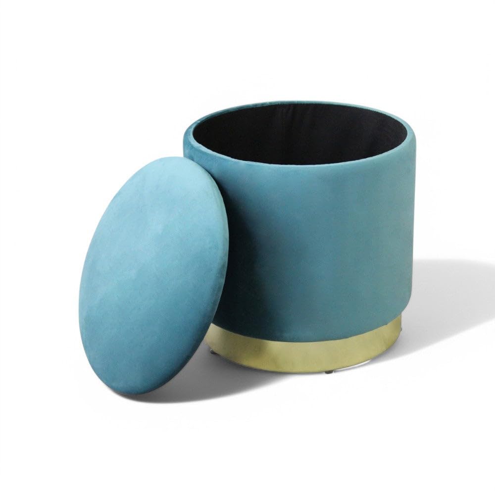 Pouf Contenitore Rotondo in Velluto Ottanio con Diametro 37xH40 cm