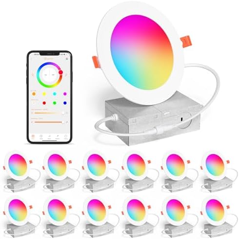 SikSog Smart Recessed Lighting 4 Inch RGBCW Color Changing 12W LED Downlight with Junction Box,1080 Lumen Recessed Ceiling Light Compatible with Alexa,Dimmable by Bluetooth Control -12Pack