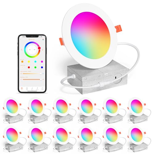 SikSog Smart Recessed Lighting 4 Inch RGBCW Color Changing 12W LED Downlight with Junction Box,1080 Lumen Recessed Ceiling Light Compatible with Alexa,Dimmable by Bluetooth Control -12Pack by SikSog - Used condition - US$84.79