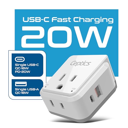 Image of Ceptics Travel Adapter India to International Power Plug Adapter Travel Set, 20W PD & QC, Dual USB & USB-C 3.1A - 2 USA Outlet - Compact - Use Anywhere in The World - Includes 13 attachments