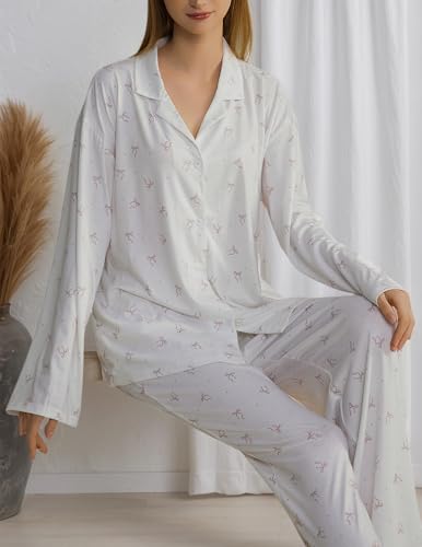Bow Pajama Sets for Women 2 Piece Cute Print Lounge Long Sleeve Button Down Shirts Sleepwear Y2k Pjs3