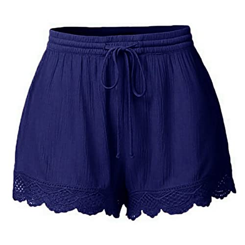 oelaio Linen Shorts Fioor Women Summer High Waist Wide Leg Casual Pants Solid Sheer Lace Trim Lounge Pants Loose Drawstring,Blue,4X-Large