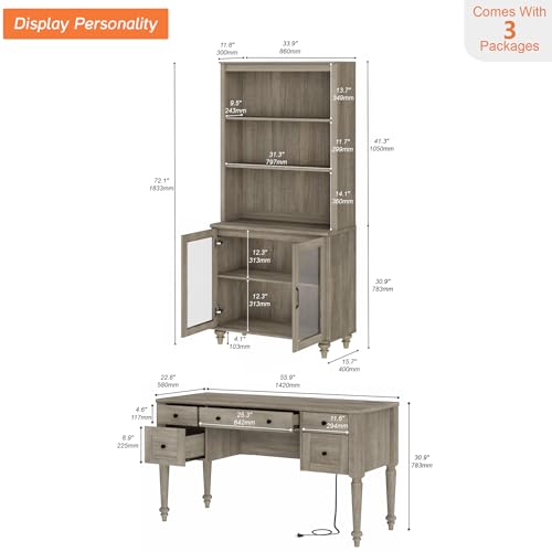 WAMPAT Home Office Furniture Set, 56\'\' Executive Desk with Charging Station, 72\" Tall Bookcase with 2 Glass Doors, Wood Computer Desk with File Cabinet Storage, Open Shelf, Wash Grey