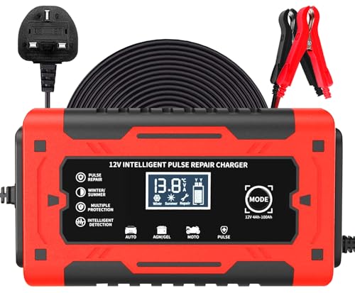 6A Car Battery Charger, 12V Automatic Smart Charger Monitor Battery with Temperature Compensation, Intelligent Charges, Repairs, Maintains Car Motorcycle Boat Mower Battery, Red