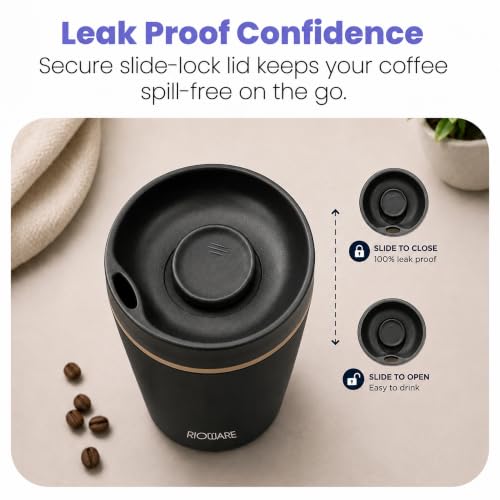 Image of Rioware Vacuum Insulated Coffee Mug Travel Tumbler for Men | Tea Thermos Flask Mugs | Temperature Control Traveling Spill Proof Sipper Bottle | Hot 8 Hrs & Cold 12 Hrs - 350ml - Black