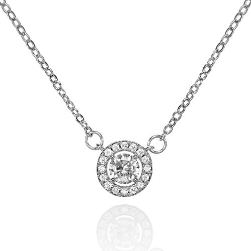 Namana Halo Pendant Necklace for Women, 6 cm Solitaire Stone, Elegant Silver or 18K Gold Plated Stone Chain with Round Pendant - Gift Box, Brass, Cubic Zirconia