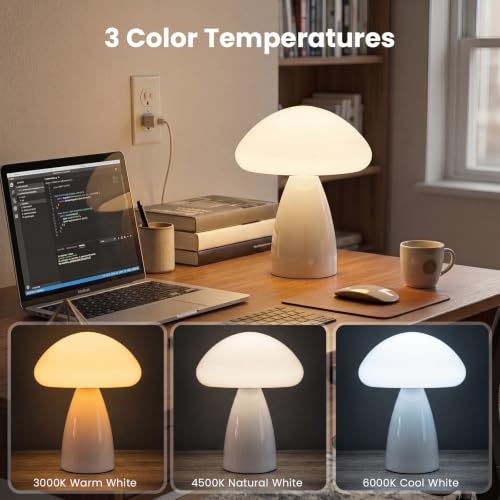 Myrauv Mushroom Lamp, 3 Color Modes Stepless Dimmable Table Lamp, Retro Ceramic Base Bedside Lamp, Decorative Lamp for Bedroom, Nursery, Nightstand (White) - image 2