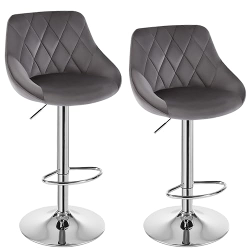 Image of WOLTU Bar Stools Set of 2, Breakfast Bar Chairs Swivel Dining Stools, Height Adjustable Kitchen Island Barstools, Grey Velvet Upholstery, Metal Footrest & Base