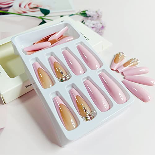 Square Press On Nails Long Coffin Nails Tips Fake Nails Green Gemstone Acrylic Nails Full Cover Black French Tip False Nails With Rhinestones Shiny Designs Glue On Nails For Women And Girls 24Pcs #TOP2