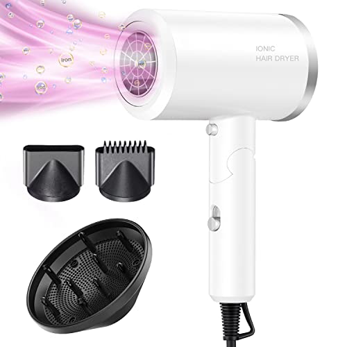 Hair Dryer, Foldable Ionic Hair Blow Dryer 1800W Fast Drying Professional Negative Hairdryer Blowdryer 3 Heat/ 2 Speed/Cold Settings With 2 Nozzles & 1 Diffuser For Home #TOP29