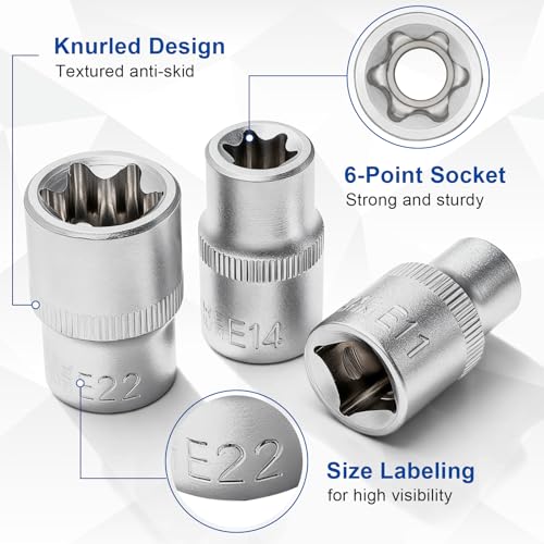 DAKCOS 9-częściowy zestaw kluczy nasadowych E-Torx 1/2 cala, nasadki z profilem E10, E11, E12, E14, E16, E18, E20, E22, E24, CR-V