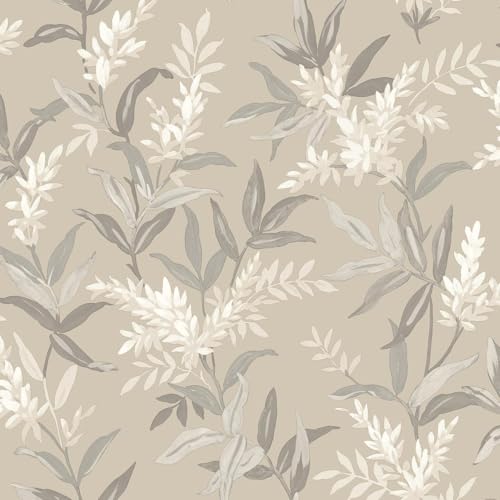 Olivia Beige Floral Leaf Wallpaper - Metallic Effect Flowers Botanical Leaves - Stylish Trendy Feature Wall